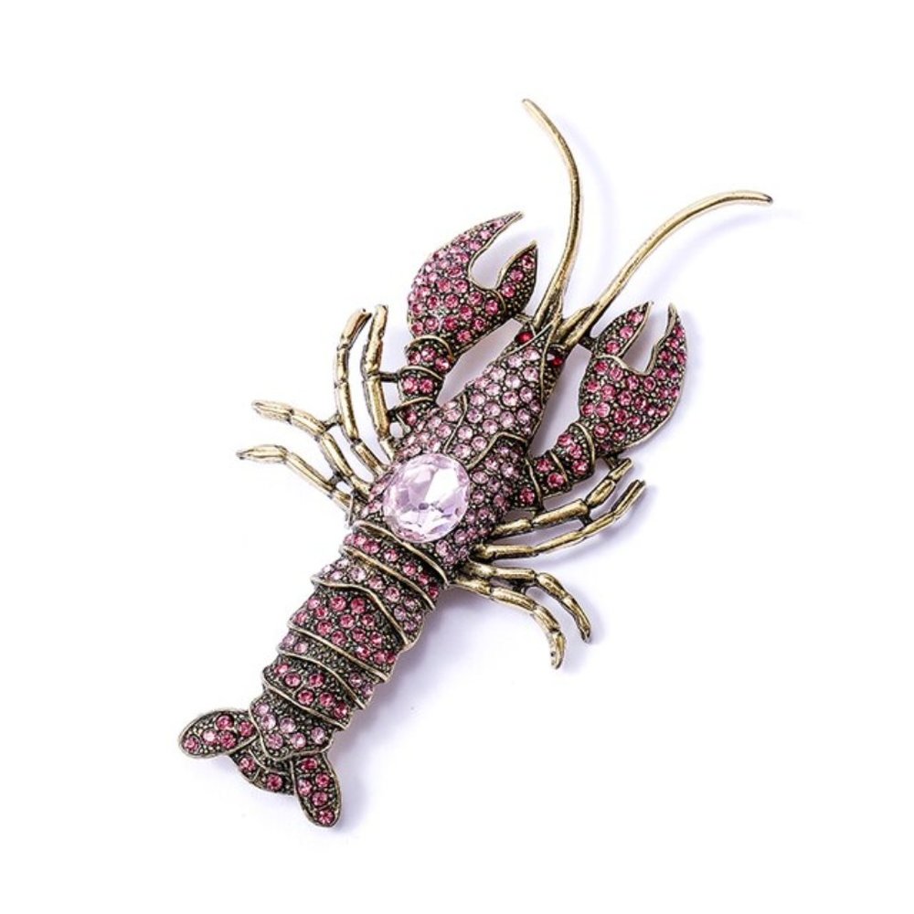 Pink Crayfish Lobster rhinestone Pin Broach
